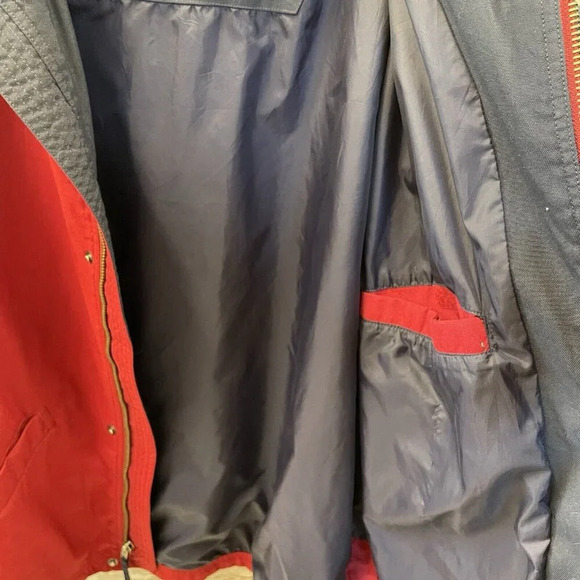 Eddie Bauer Mens S Jacket Red Canvas Coat‎ Navy Lined Full Zipper & Snap Closure - Picture 5 of 12